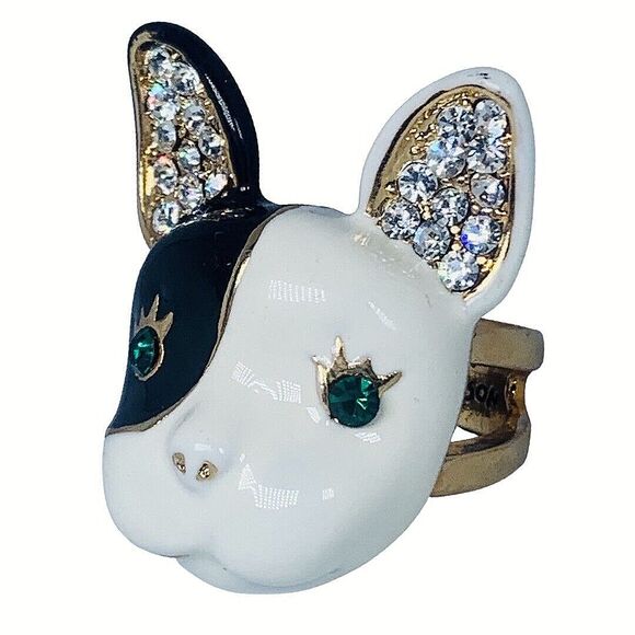 Betsey Johnson French Bulldog Statement Ring Crystal Royal Engagement VTG - Picture 3 of 9